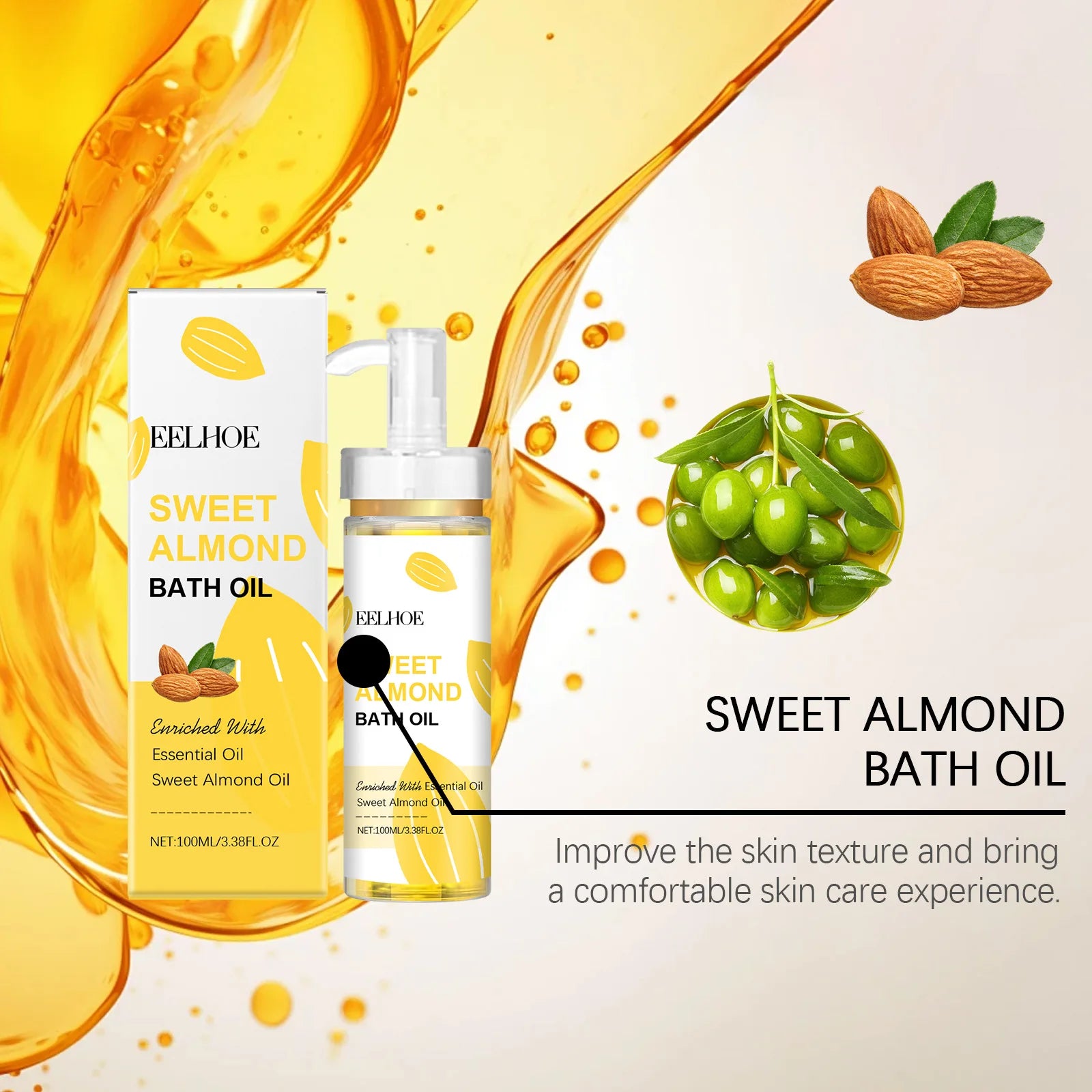 EELHOE Sweet Almond Oil for Bath Exfoliator Shower and Body Cleaning Brightening Skin Care Products Nourish Bath Essential Oil