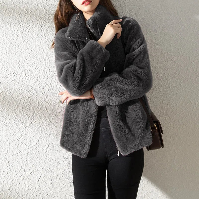 Women Autumn Winter Faux Fur Coats Zipper Cardigan Plush Thick Warm Coat Loose Oversized Outerwear Female Coral Fleece Overcoat