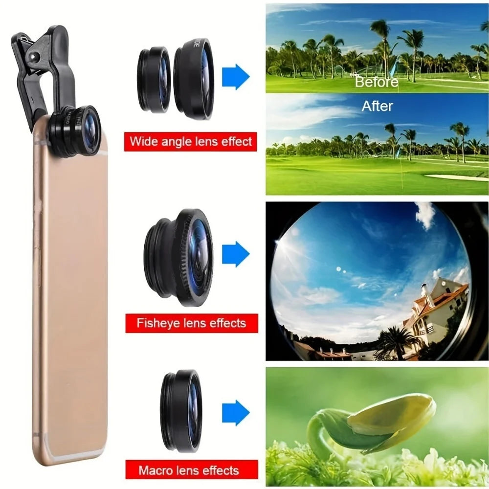 3 in 1 Lens Magnifying Glass 0.67X Wide Angle Fisheye Phone Lens Micro Camera Len Universal Kit With Phone Clip For Smartphones