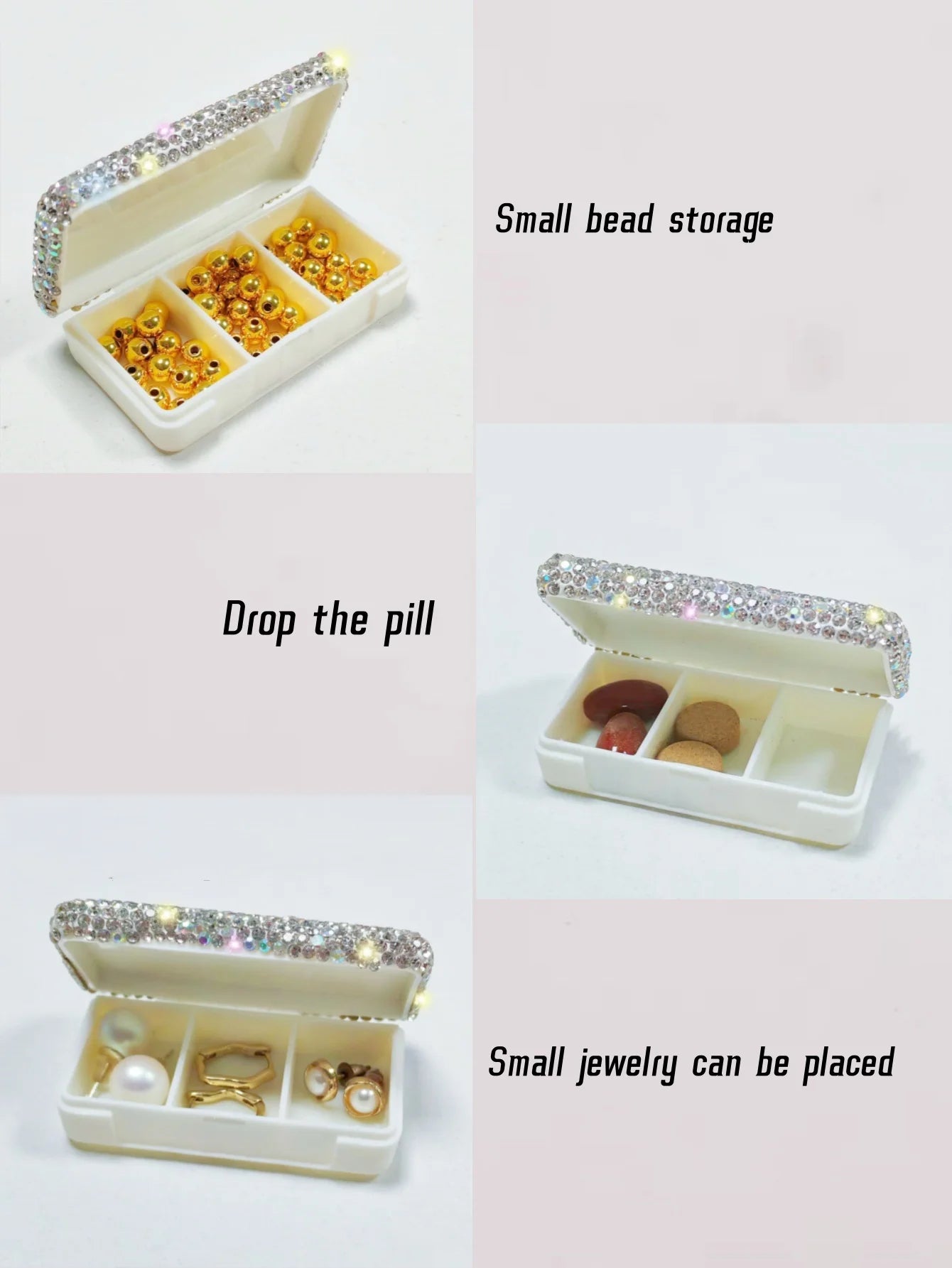 High appearance level plastic mini small medicine box artificial diamond-inlaid portable sealed storage box for early, middle an