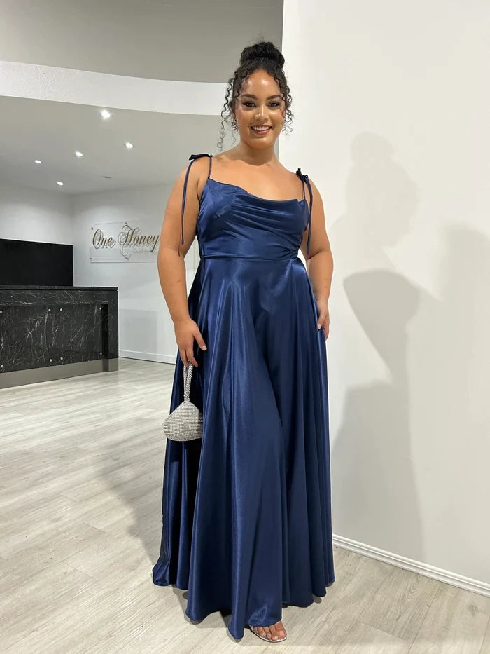 BABYONLINE Simple In Stock Soft Sliky Satin Bridesmaid Dresses Cowl Neck Tieing Thin Straps Leg Slit and Flowing A-line Dress