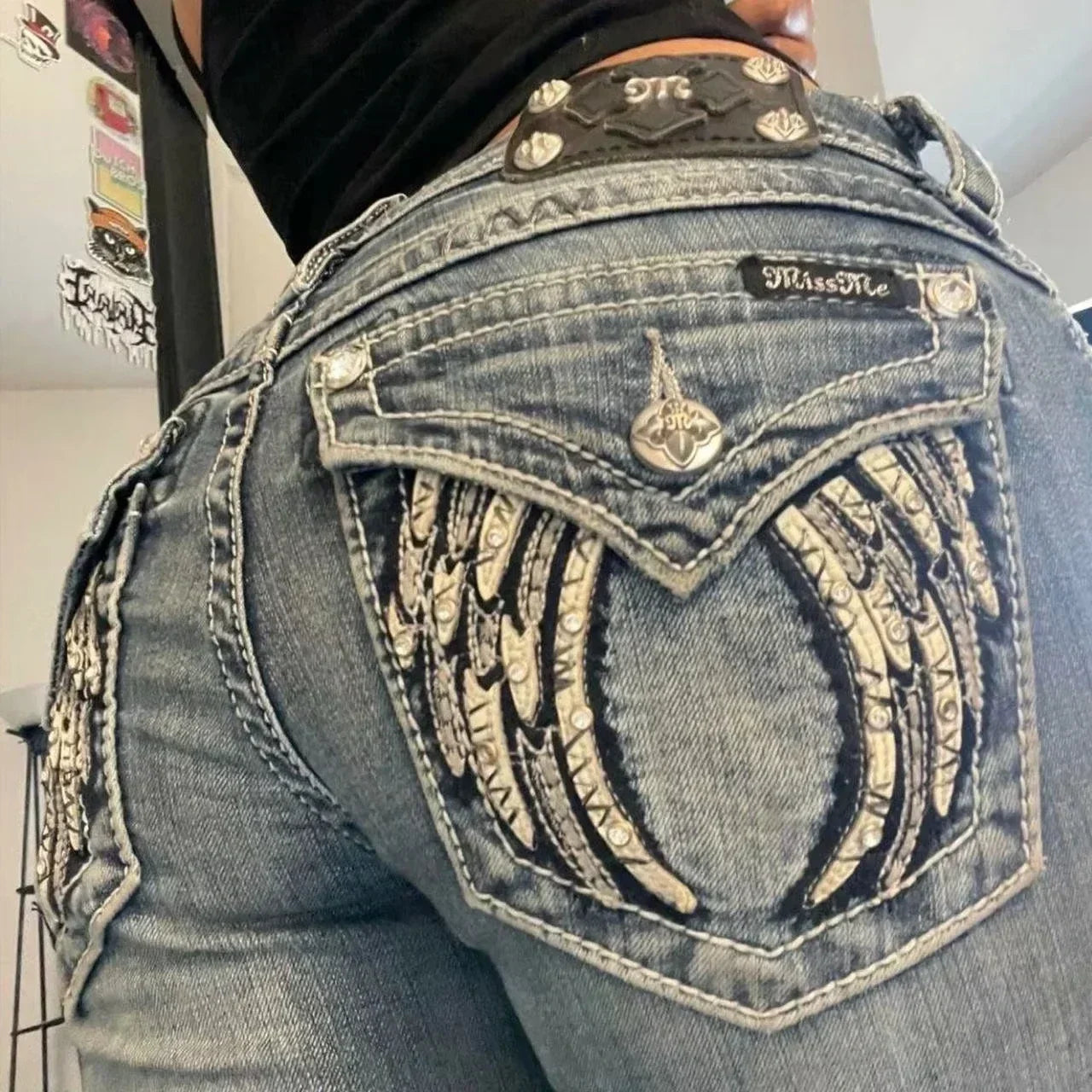 American Vintage Y2K Rhinestone Wing Embroidered Jeans Womens Blue Low Rise Flared Denim Pants with Studded Pockets Streetwear