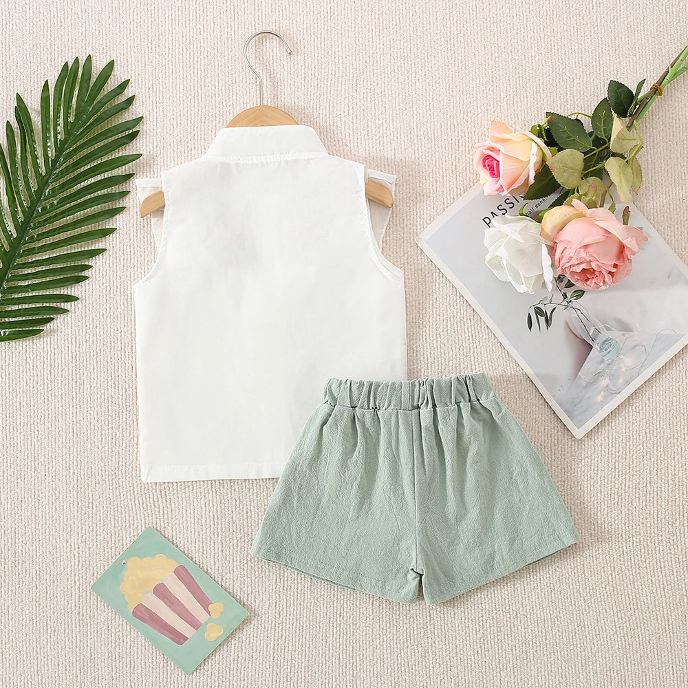 Girl Clothes Summer Floral Pattern Lapel Lace Trim Sleeveless Casual Children's Costume Cute Simple Girl Outfit