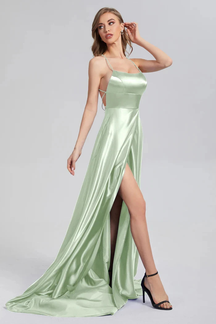 BABYONLINE Simple In Stock Soft Sliky Satin Bridesmaid Dresses Cowl Neck Tieing Thin Straps Leg Slit and Flowing A-line Dress