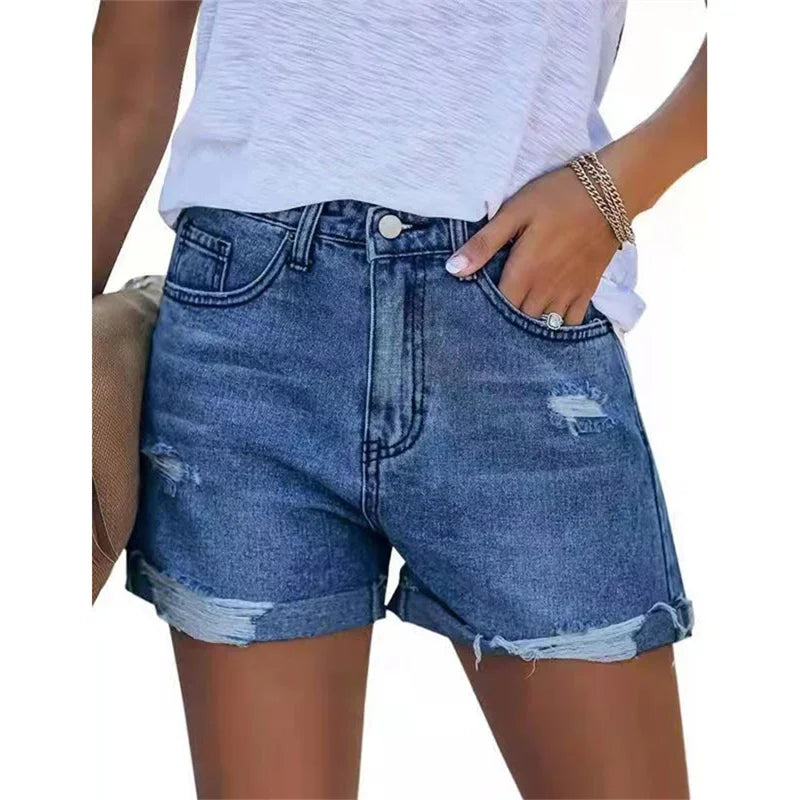 2024 Fashion Folded Leg Denim Shorts Women Mid Waist Broken Holes Three Quarter Pants Summer Commuter Casual Mini Straight Jeans