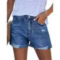 2024 Fashion Folded Leg Denim Shorts Women Mid Waist Broken Holes Three Quarter Pants Summer Commuter Casual Mini Straight Jeans