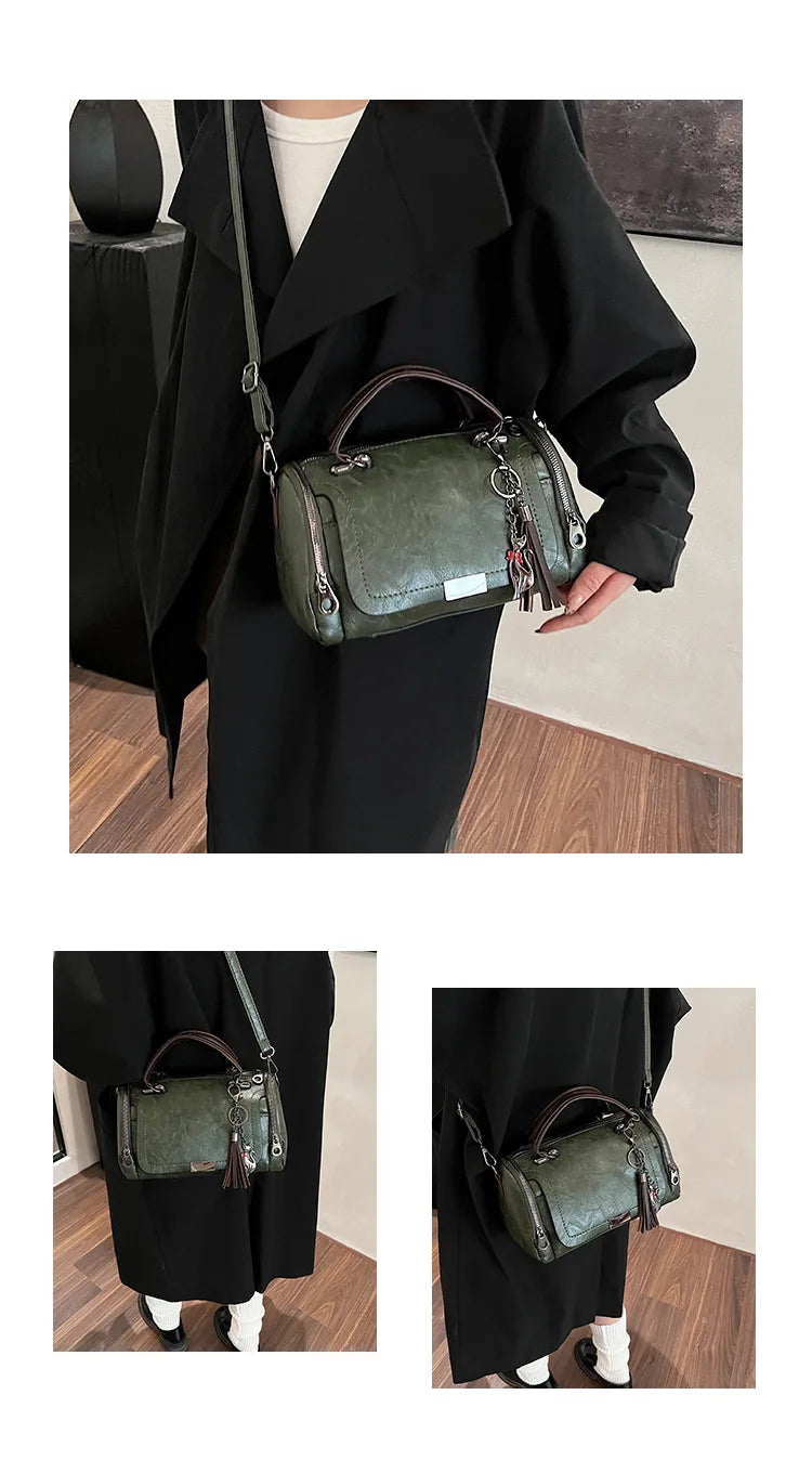 HOMEFISH Large Capacity Shoulder Bag for Women with Tassel Decoration Fashion Detachable Chain Boston Handbag Shoulder Bag