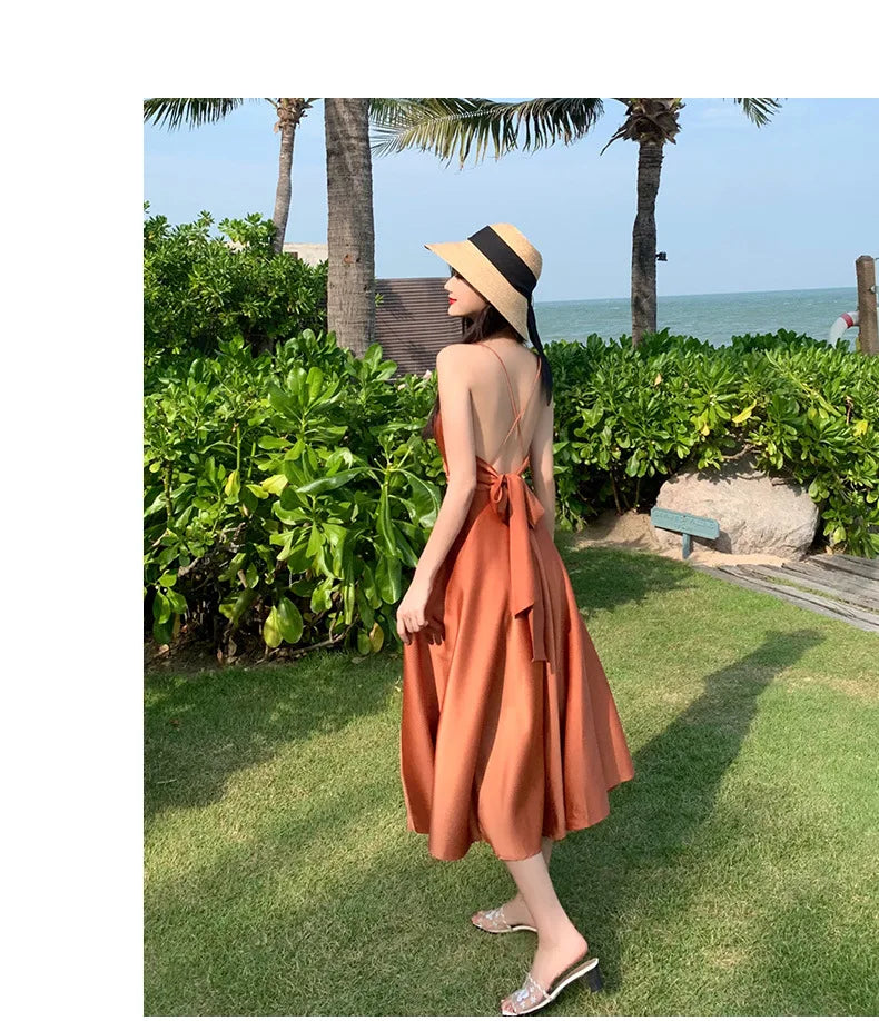 New ivory Caramel terracotta Auburn satin 120cm over knee spaghetti backless strap summer lady girl dress gown daily wear