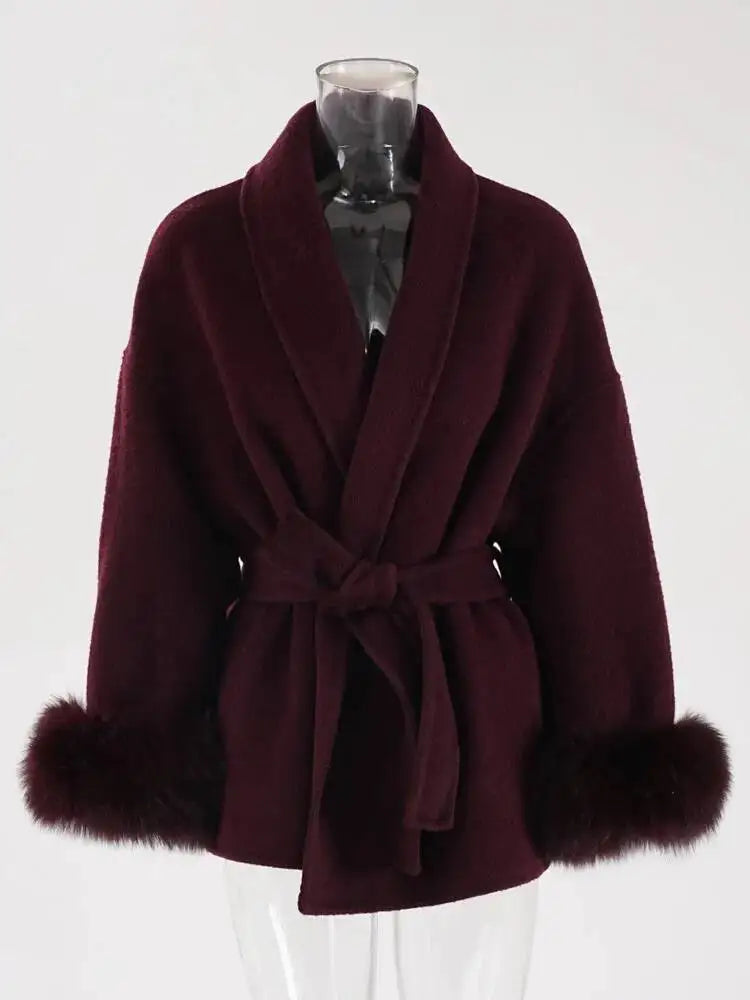UCXQ Elegant OL Office Lady Overcoats Fur Patchwork Long Sleeve Woolen Coat Beautiful Women's Clothing Jacket Autumn 2025 Winter