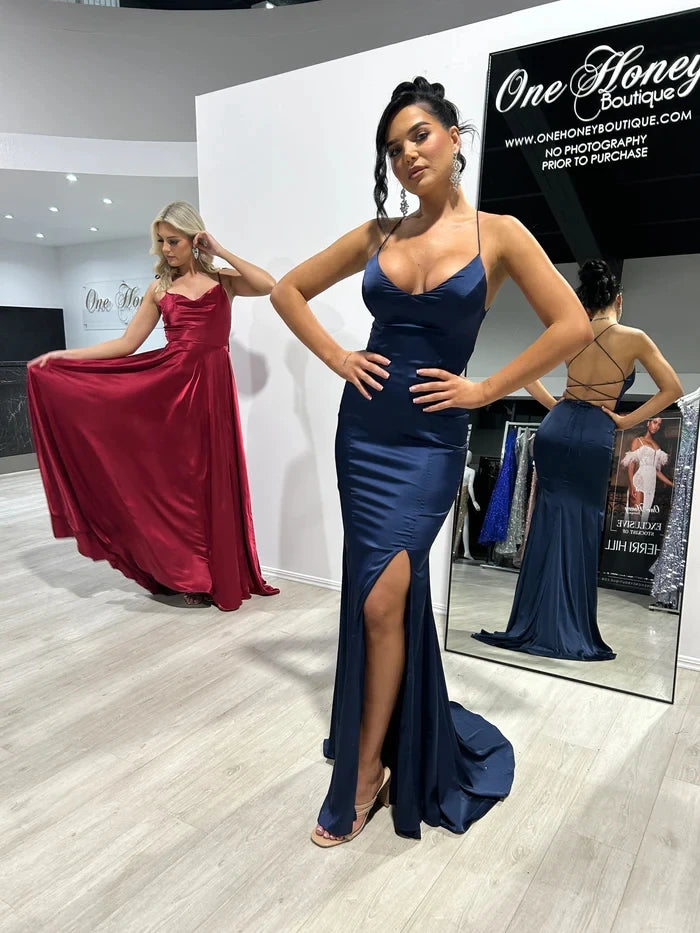 BABYONLINE Simple In Stock Soft Sliky Satin Bridesmaid Dresses Cowl Neck Tieing Thin Straps Leg Slit and Flowing A-line Dress