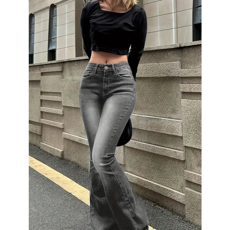 Womens Stretch Jeans Gray Slim Fit Bootcut Flare Trousers Simple Design Versatile Fashion Trendy Jeans Women's Pants