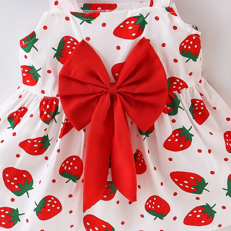 New Summer Baby Girls Dress + Hat Big Bow Ribbon Halter Strawberry Polka Dot Full Print Sweet Princess Dress Birthday Party Team