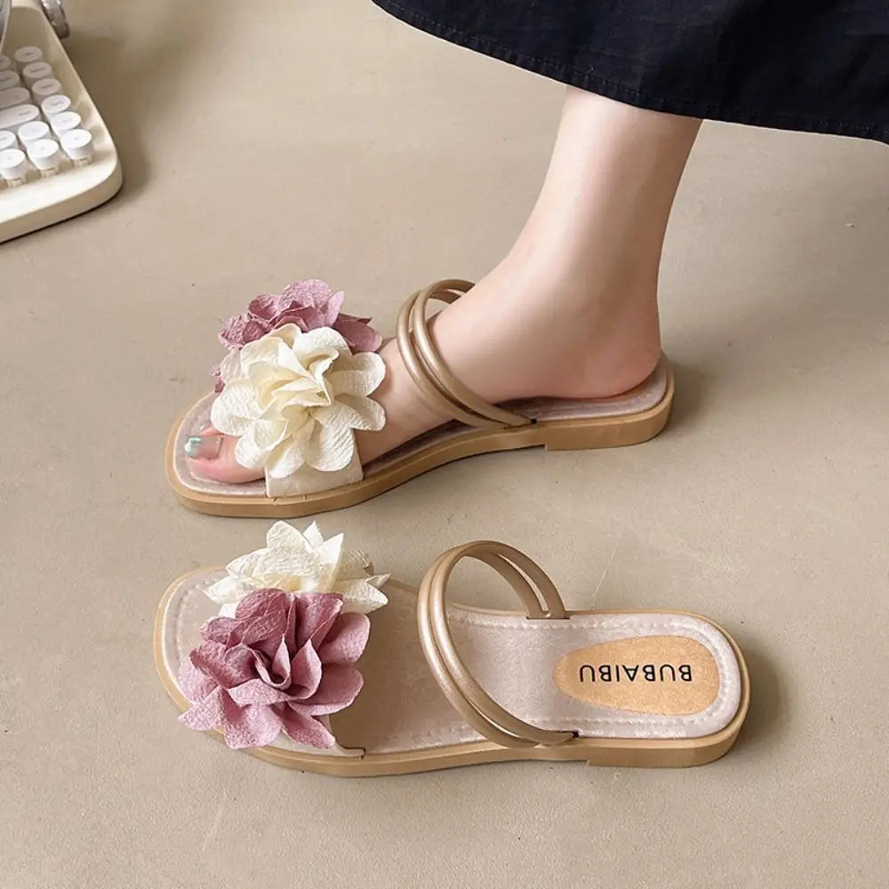 Casual Sweet Flower Flip Flops Waterproof Holiday Seaside Sandals Non-Slip Flat Vacation Beach Slippers Summer