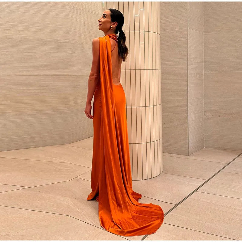 Sexy Satin Ribbon Party Dress Women Elegant Halter Backless Off Shoulder Sleeveless Female Dresses 2024 Summer Solid Robe Gown