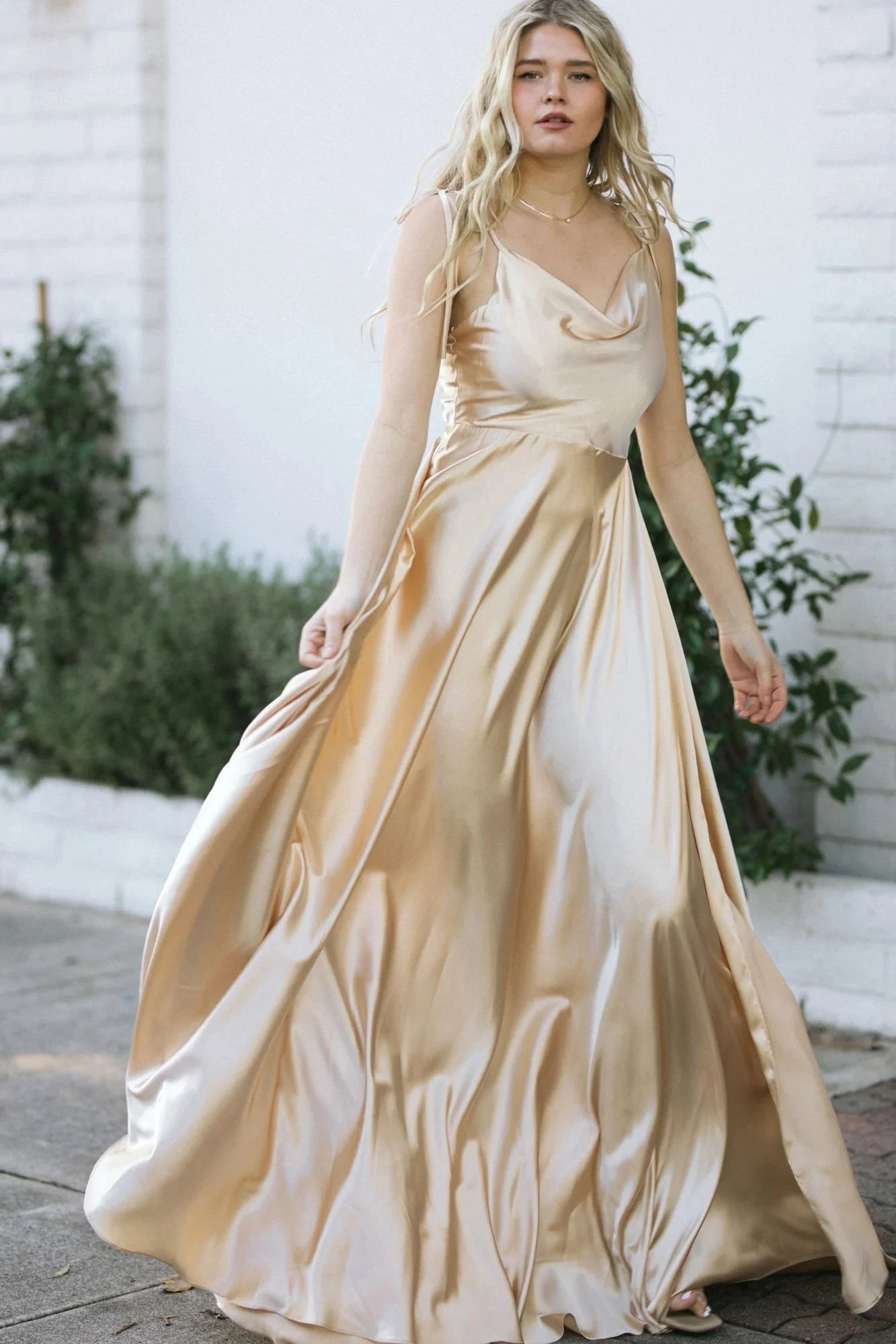 BABYONLINE Simple In Stock Soft Sliky Satin Bridesmaid Dresses Cowl Neck Tieing Thin Straps Leg Slit and Flowing A-line Dress