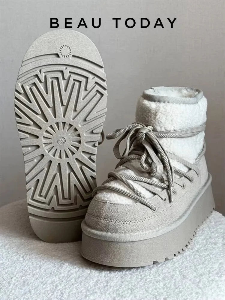 BEAUTODAY Snow Boots Women Cow Leather Solid Color Round Toe Thick Sole Slip-On Winter Keep Warm Laides Furry Shoes MS1A001