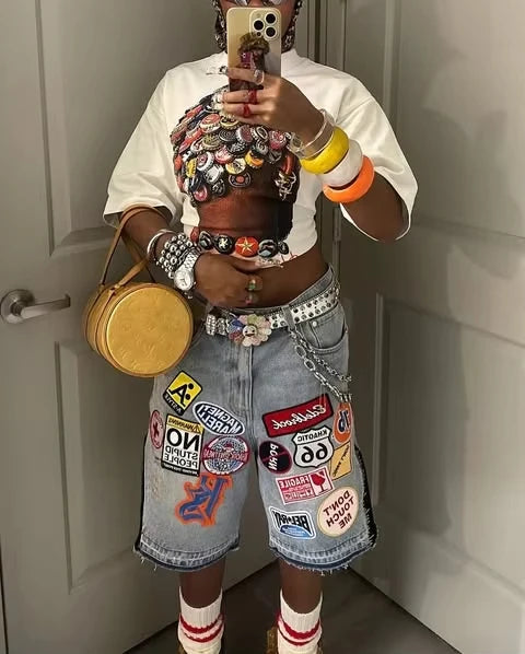 Harajuku Hip Hop Cartoon Denim Shorts Women Embroidery Patchwork Baggy Short American 2000s Y2k Jeans Low Waist Sports Shorts