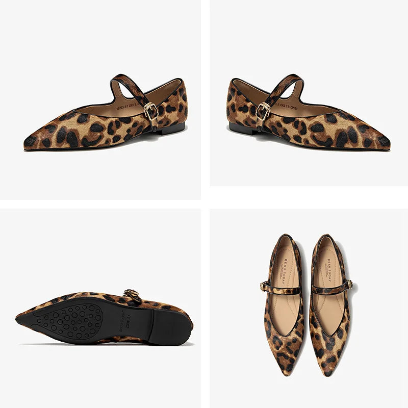 BEAUTODAY Mary Janes Women Horsehair Pointed Toe Leopard Print Buckle Strap Fashion Ballet Ladies Flats Dress Handmade 18293