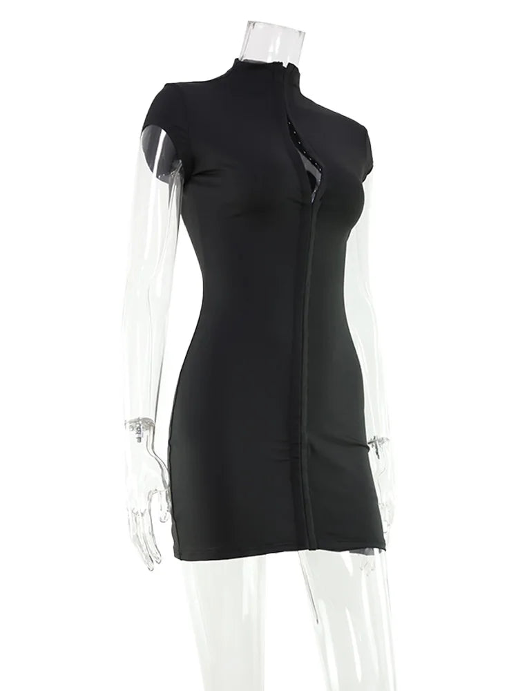 CNYISHE Solid Butoon High Collar Short Sleeve Women Dresses Sheath Trendy Chic Sexy Club Hot Girl Hip Wrap Outfits Female Skinny