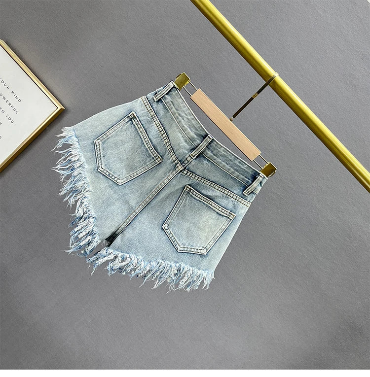 Diamond-Embedded Denim Shorts Women's Fashionable 2023 New Summer High Waist Loose Slimming Raw Hem Wide Legs Short Hot Pants