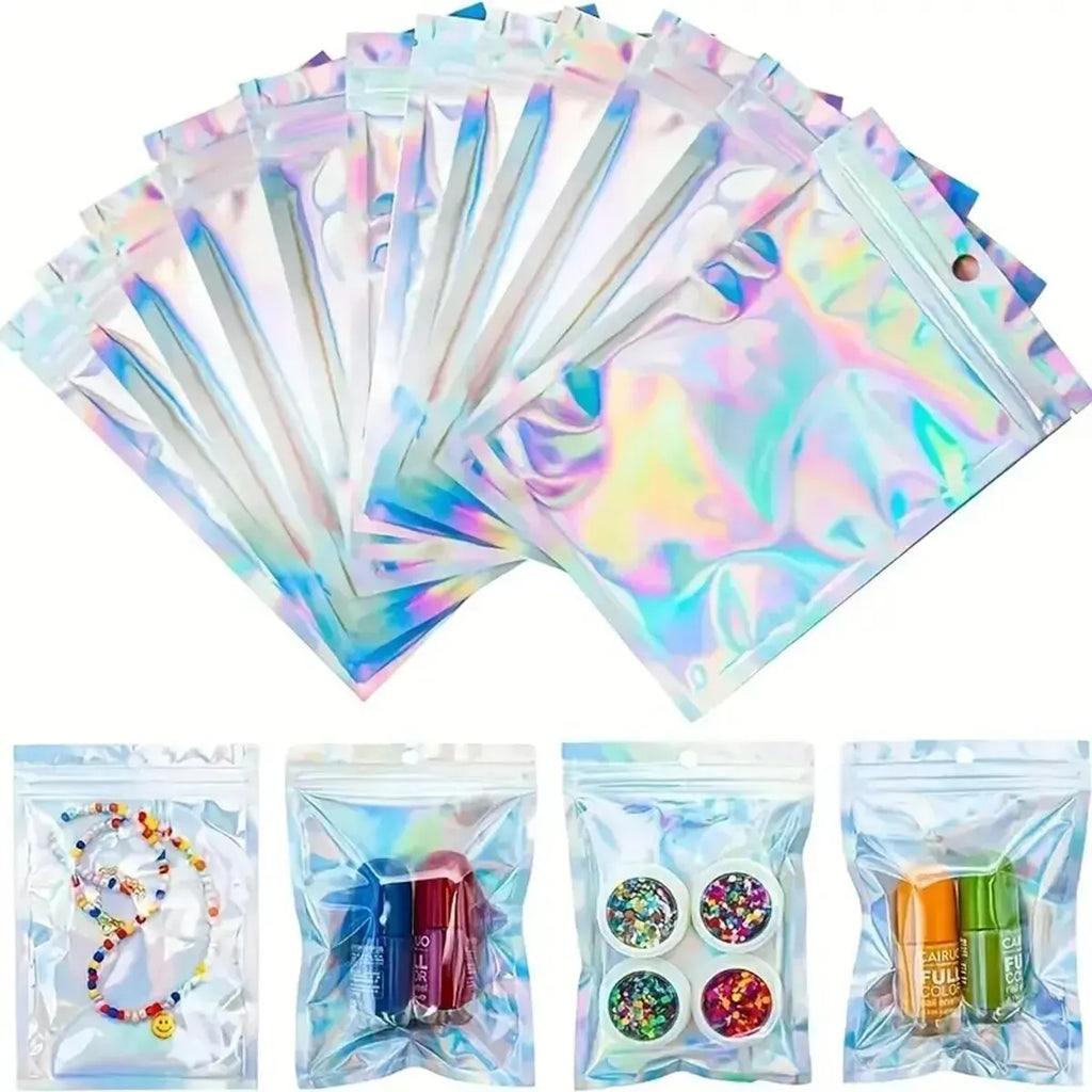 100PCS Holographic Bag Laser Rainbow Pattern Self Sealing Bag Candy Bag and Front Window Sample Bag