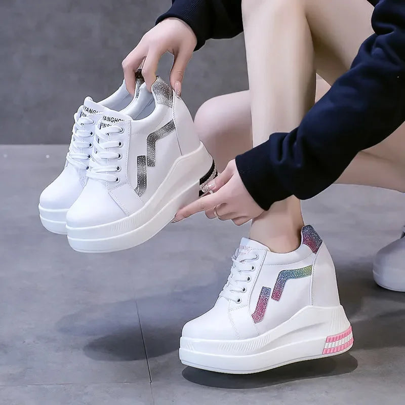 Women's Ankle Boots Autumn Leather Chunky Shoes Woman Platform Height Increased Sneakers 10.5CM Thick Sole Wedges White Boots