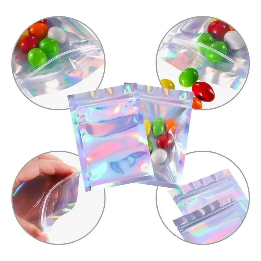 100PCS Holographic Bag Laser Rainbow Pattern Self Sealing Bag Candy Bag and Front Window Sample Bag