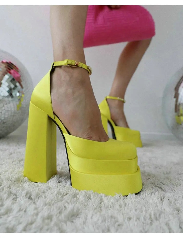 High Heels Women 2025 New Fashion Show 15cm Personality Super High Heel Waterproof Square Head Black Silk Runway Shoes
