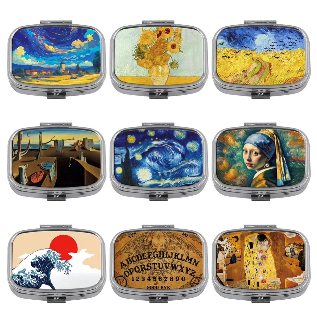 Oil Painting Metal Medicine Box with 2 Compartments Portable Travel Sealed Small Pill Organizer Container Storage