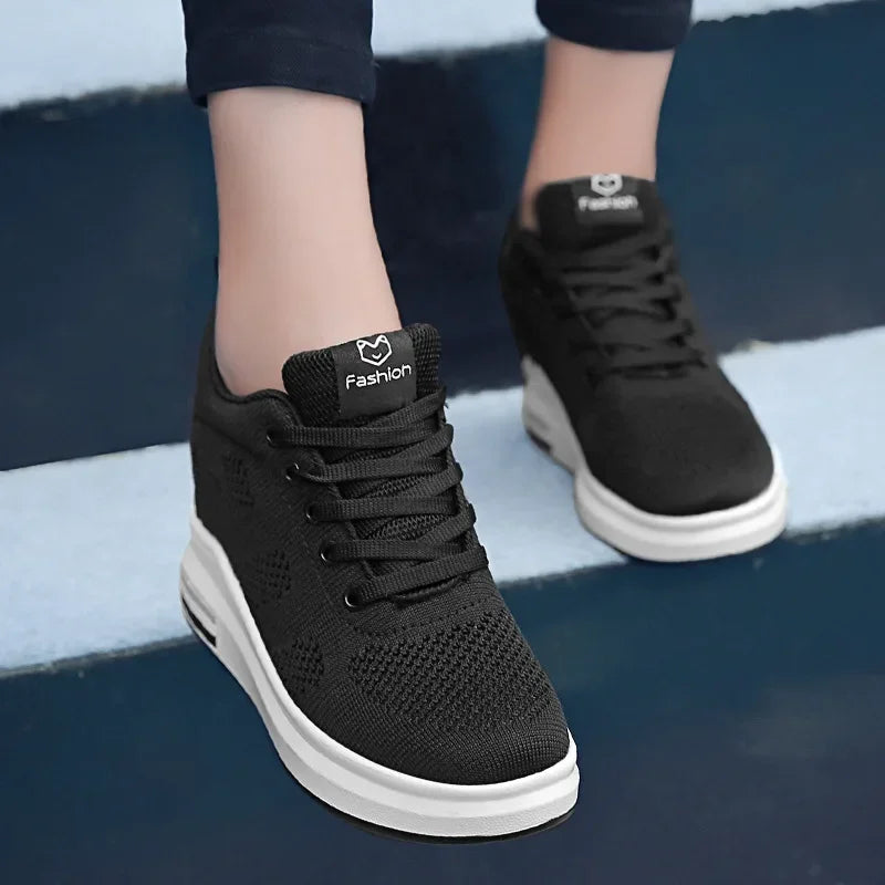 Casual Increase Women Shoes Mesh Comfortable Breathable Wedge Heels Fashion Contracted Lace Up Running Sneakers Tênis Branco