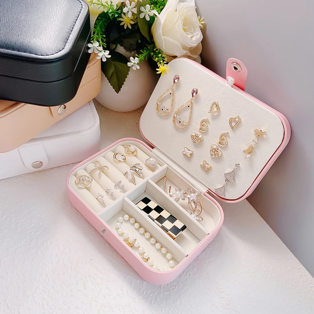 Portable double-layer buttoned jewelry storage box necklace watch, earring ring jewelry