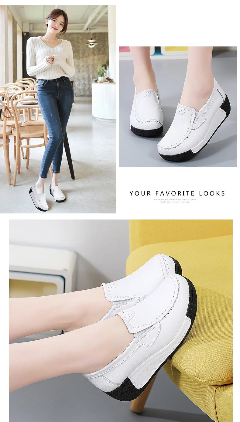2022 Spring Autumn Women Flats Platform Loafers Ladies Genuine Leather Comfort Wedge Moccasins Orthopedic Slip On Casual Shoes