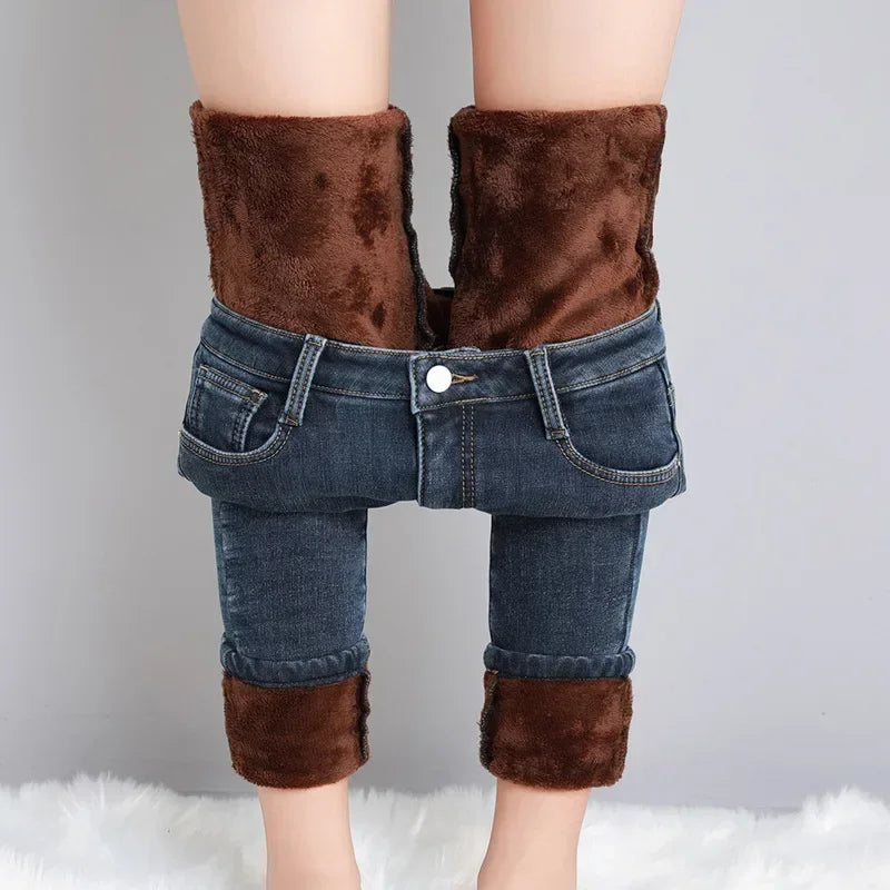 Women Thermal Jeans Winter Snow Warm Thickened Fleece Stretch Skinny Pencil Pants Fashion Korean Slim Fit Velvet Plush Pants