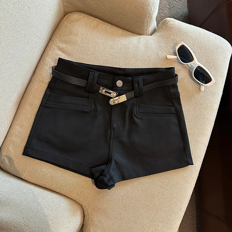 Autumn Black White Elegant Fashion Sexy Slim Short Pant Clothes Women Casual Beige Pockets High Waist Office Lady Shorts Simple