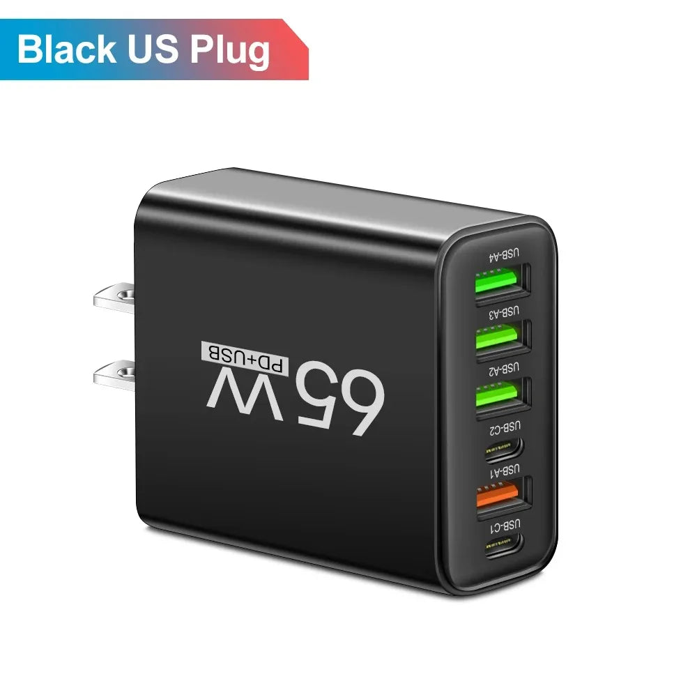 65W 6 in 1 USB Charger Type C Fast Charging Phone Wall Charger Adapter For iPhone Samsung Xiaomi Huawei EU/US Plug Quick Charger