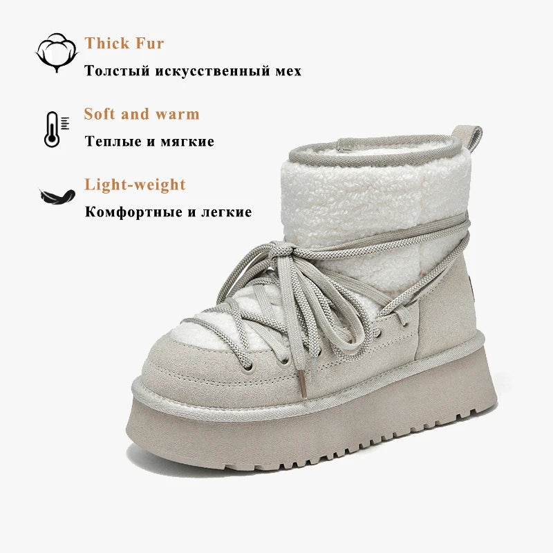 BEAUTODAY Snow Boots Women Cow Leather Solid Color Round Toe Thick Sole Slip-On Winter Keep Warm Laides Furry Shoes MS1A001
