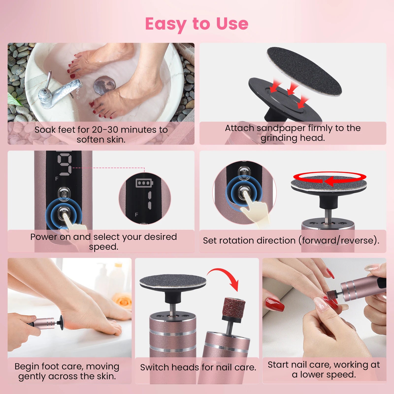 2in1 Electric Foot Callus Remover Machine Rechargeable Pedicure Tool for Dead Skin And Cuticle Removal with Replacement Sand