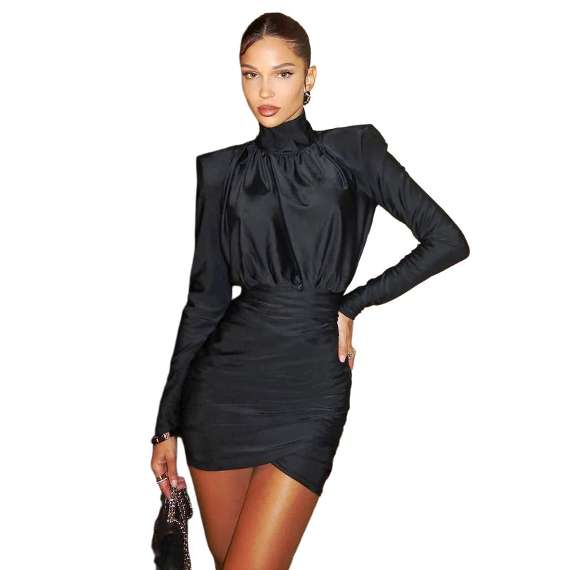 Nibber Classic Turtleneck Dress Women Shoulder Padded Ruched Sexy Office Commute Simple Peach Hip Skinny Elegant Mini Bodycon