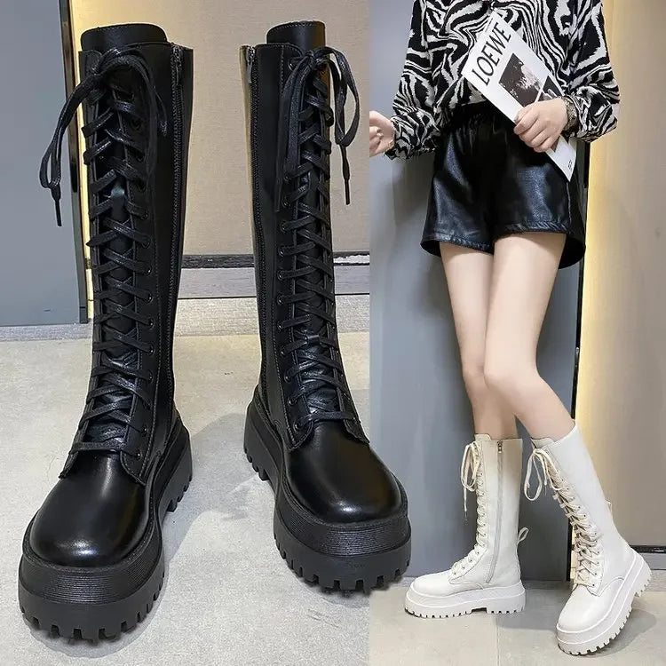 2024 New Thicken Winter Knight Boots Women Knee High Long Square Heel Boots Retro Thick Motorcycle Boots Black White Botas Mujer