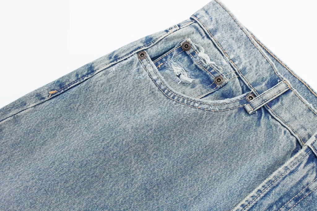 HH 2024 Women's Street Fashion Denim Blue Jeans Distressed Patchwork High Waist Zipper Fly Ripped Retro Long Pants