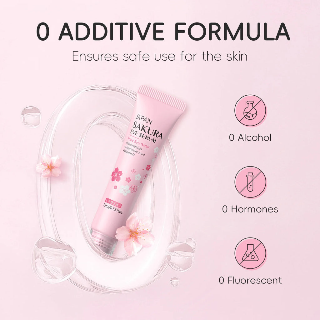 LAIKOU Sakura Roller Eye Serum 15ml Moisturizing Eye Care Reduce Dark Circles Puffiness Fine Lines Anti Aging Brightening Eye