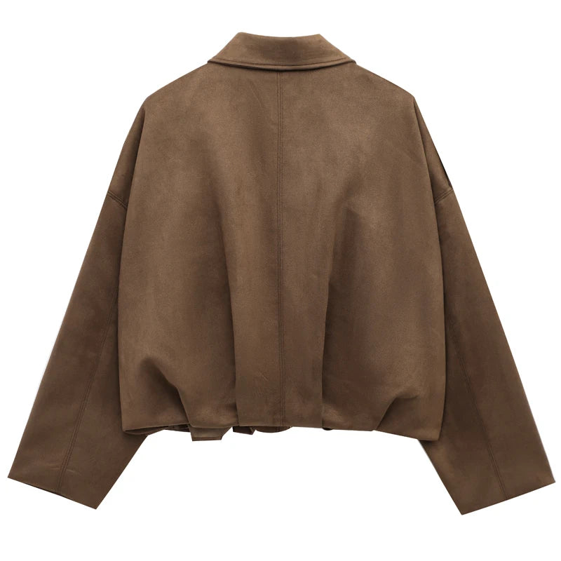 HXAO Women's Bomber Jacket Lapel Long Sleeve Zipper Suede Jacket Women 2025 High Street Cropped Racing Jackets Coats Outerwears