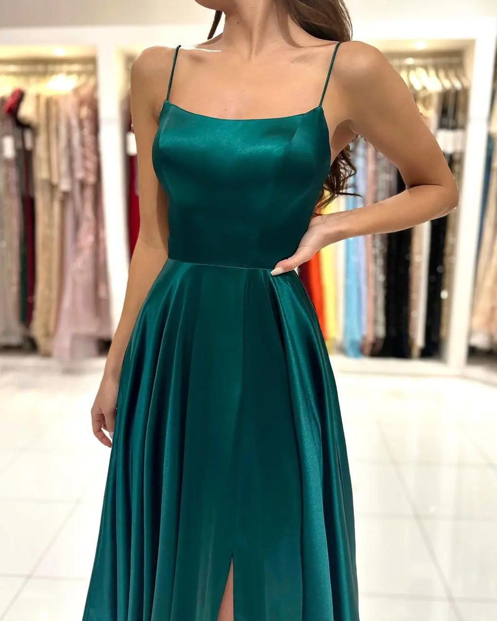 BABYONLINE Simple In Stock Soft Sliky Satin Bridesmaid Dresses Cowl Neck Tieing Thin Straps Leg Slit and Flowing A-line Dress