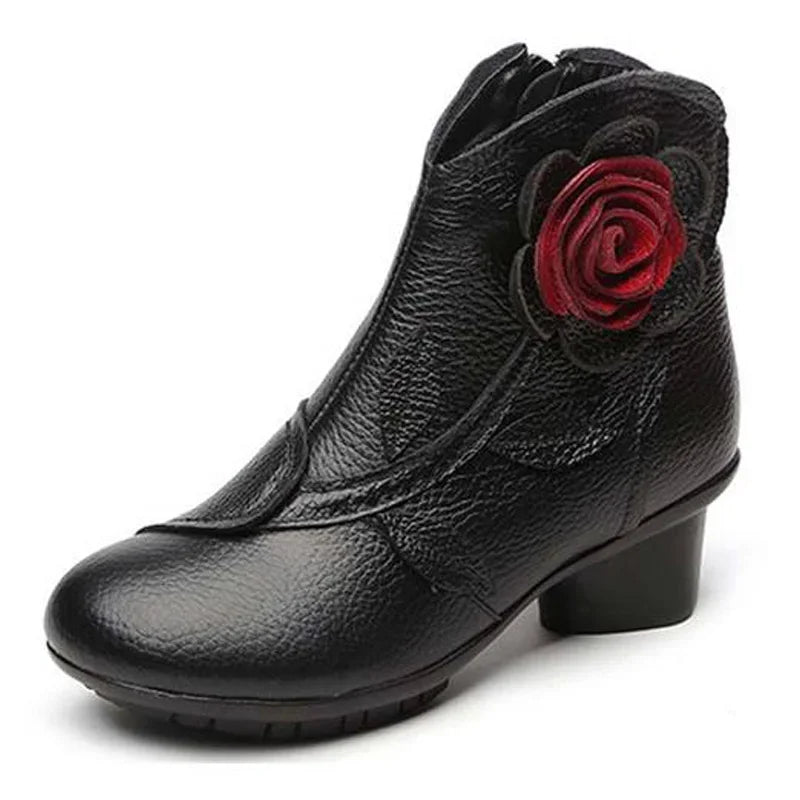 BEYARNE  Handmade Boots Flower Solid Color Womens Low Heel Genuine Leather Soft Short Boots Women Shoes Botas Mujer