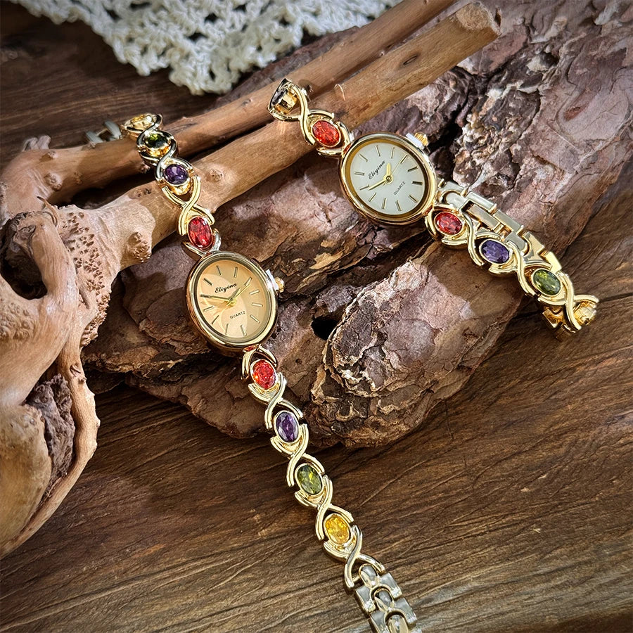 Elegant Lady's Retro round Color Gem Rainbow Quartz Watch with Chain Scale French Luxury Fashionable Ladies' Timepiece