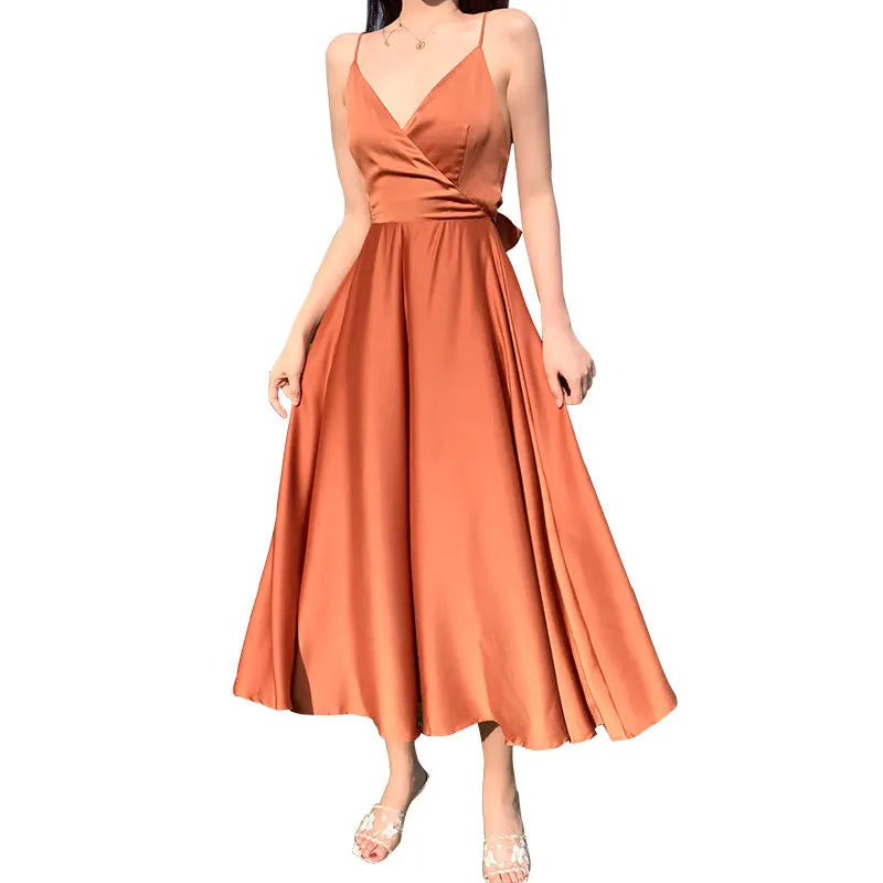 New ivory Caramel terracotta Auburn satin 120cm over knee spaghetti backless strap summer lady girl dress gown daily wear