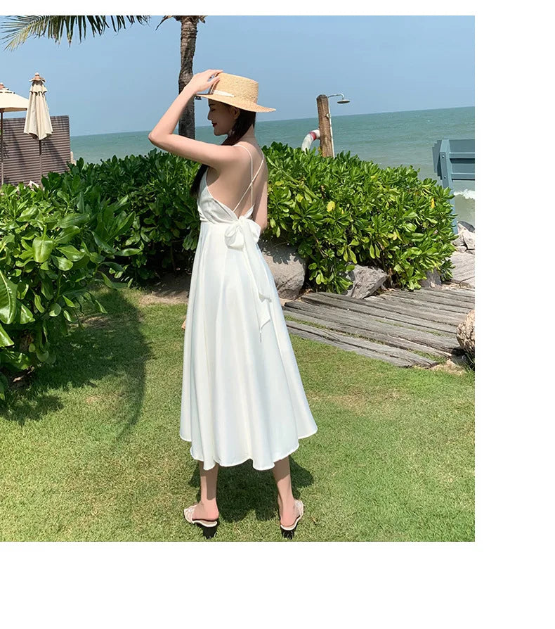 New ivory Caramel terracotta Auburn satin 120cm over knee spaghetti backless strap summer lady girl dress gown daily wear