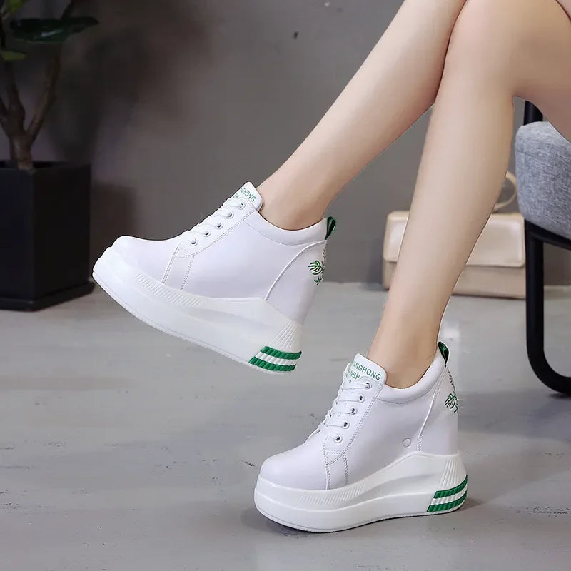 Women's Ankle Boots Autumn Leather Chunky Shoes Woman Platform Height Increased Sneakers 10.5CM Thick Sole Wedges White Boots