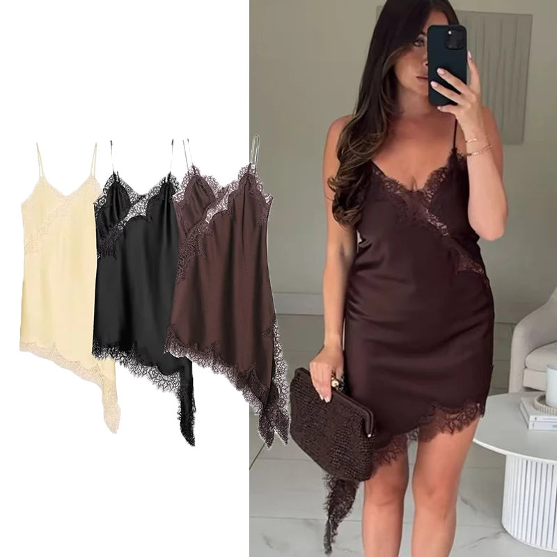 TFMLN Women Sexy Lace Splicing Dresses Summer Solid Sleeveless Asymmetry Dress Backless Slim Women's  Party Sling Mini Dress