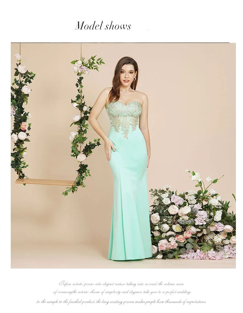 BABYONLINE Golden Appqulies Bridesmaid Dresses for Women Maxi Floor Length Mermaid Gowns Elegant Sweetheart Illusion Summer